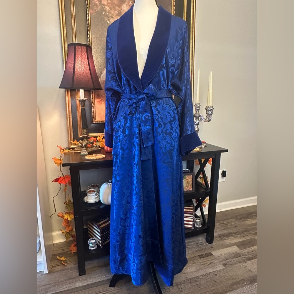 Royal Blue Satin Robe with Elegant Pattern